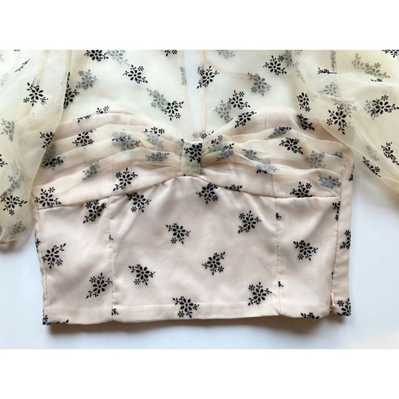 NWOT ZARA Sheer Organza Velvet Floral Puff Sleeve Bustier Crop Top Blouse Size S - Picture 8 of 13
